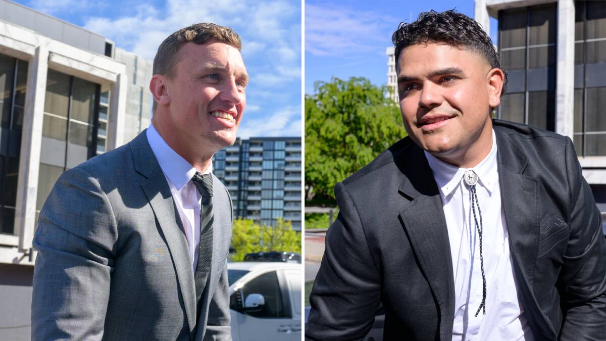 Jack Wighton and Latrell Mitchell arrive on the first day of their hearing. Picture by Sitthixay Ditthavong