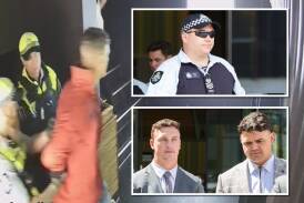 Charges against Jack Wighton, inset bottom left and pictured being escorted from Fiction, and Latrell Mitchell, inset bottom right, were dismissed after an admission from Sergeant David Power, inset top. Pictures by Sitthixay Ditthavong and supplied
