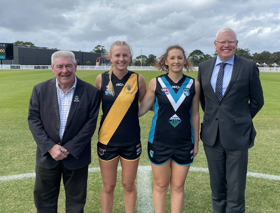 Councillor John Wells & Member for Kiama Gareth Ward MP with Womens Premier Division captains Sophie Phillips (Bomaderry) & Caitlin Rogers (Kiama). Picture supplied