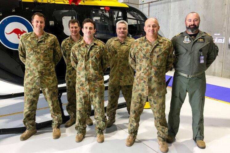 Trainee instructors at the Helicopter Aircrew Training System Warrant Officer Class 2 Joseph Laycock, Major Anton Leshinskas, Captain Anthony Erwin, Major David Oddy, Captain Adrian Ludman and Lieutenant Commander Michael Robertson.