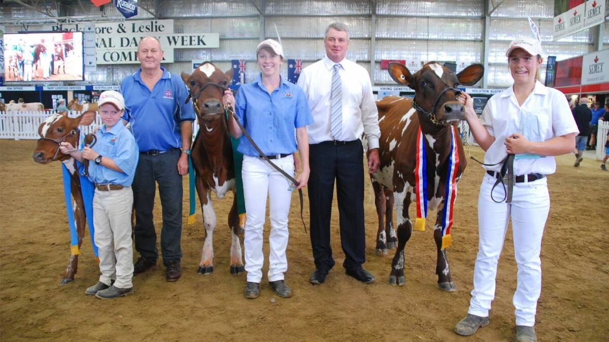 ACCOLADE: (Centre) Mayfield Farms Titan Rosebud took out Reserve Junior Champion Ayrshire at the 2017 International Dairy Week. Photo credit: IDW Facebook.