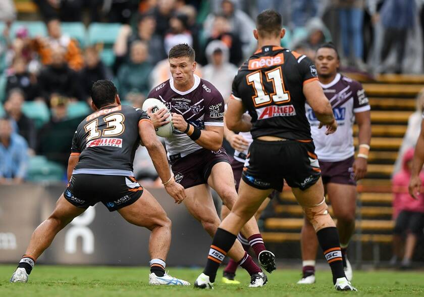 Manly-Warringah's Reuben Garrick takes a hit-up against the Wests Tigers. Photo: SEA EAGLES MEDIA