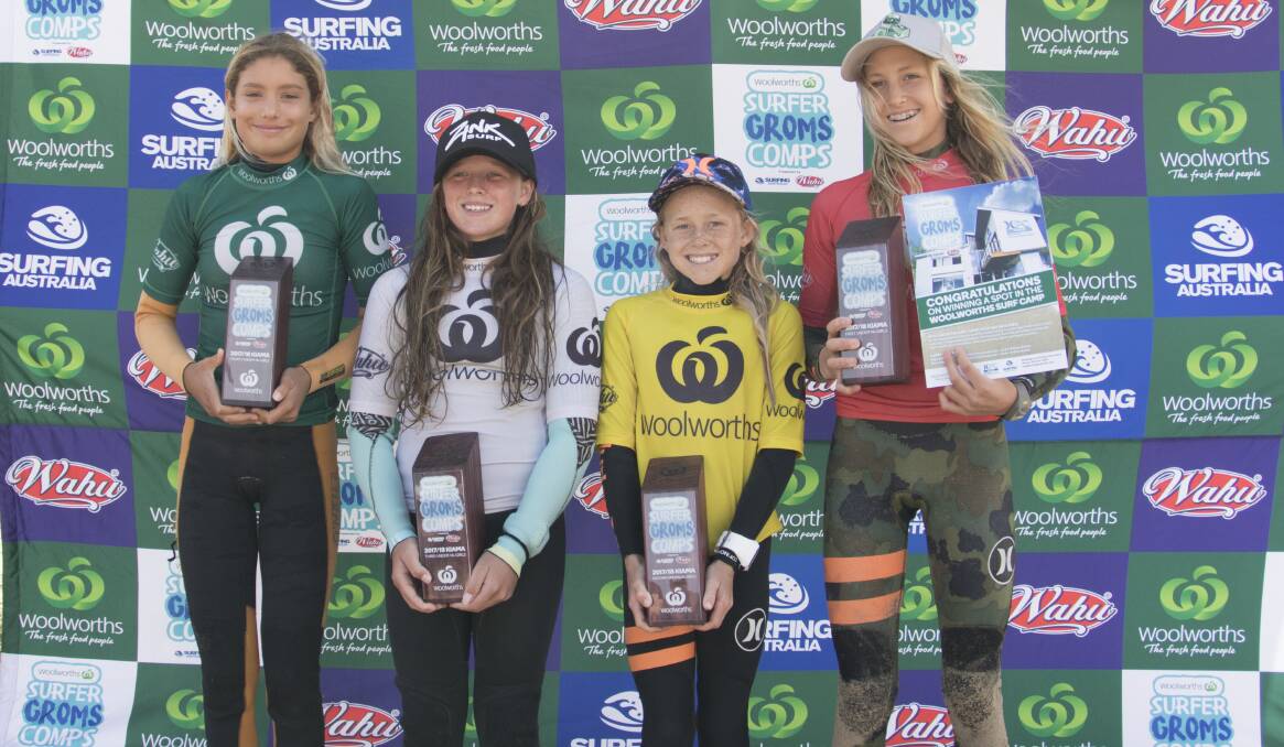 Gerringong's Holly Wishart (second from left) and the other under 14s girls podium finishers. Photo: Ethan Smith (Surfing NSW)