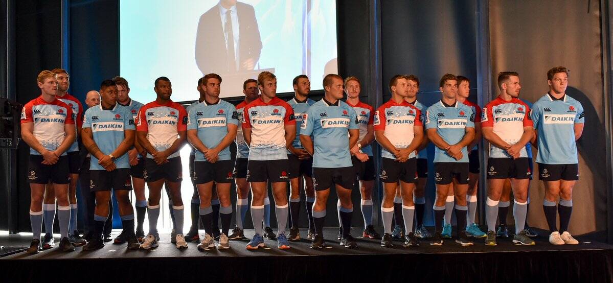 Will Miller (front row, fifth from left) and his NSW team mates at their 2018 season launch. Photo: WARATAHS MEDIA