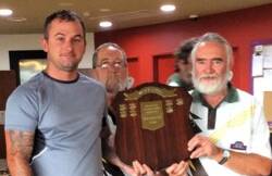 Shoalhaven Ex-Servicemen Men’s Bowling Club Bowlers of the Year 2015  Jamie Gardner and Garnet Eastment and president John Edwards (back).