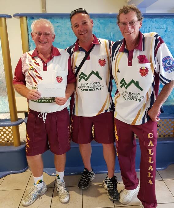 Callala men's bowls: Bob Fowler, Pauli Kennedy and Terry Castle winners of the 2018 Memorial Day Tournament.