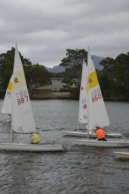 Challenging day: Sailors bunch up for the start at the Nowra Community Sailing Club event last Saturday.    Photo: Matthew Norris.