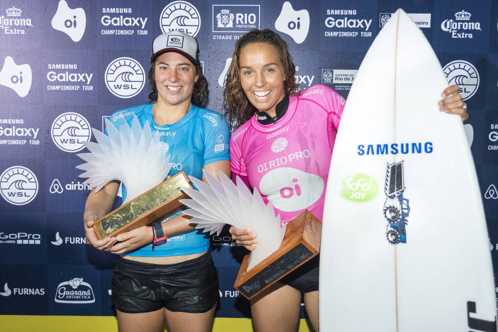 SOUTH COAST QUEENS: Wright and Fitzgibbons on top of the podium at the Oi Rio Pro earlier this year. Wright won't get the opportunity to top the podium at the Sydney International Pro but will be there to cheer on her mate Sally. Photo: WSL/Cestari.