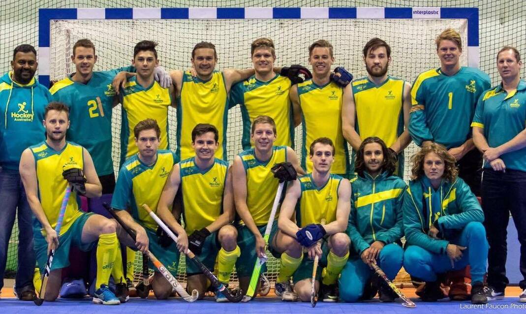 GOLDEN OPPORTUNITY: Alex Mackay (fourth from right, back row) with his Australian men’s indoor hockey team in Europe.