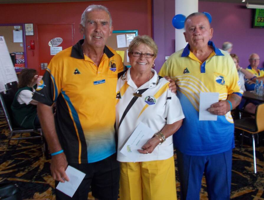 Charity bowls winners: R Herbert, L Perkins and D Tinsley won the Shoalhaven Women's Bowling Club mixed triples tournament which raised funds for Beyond Blue.