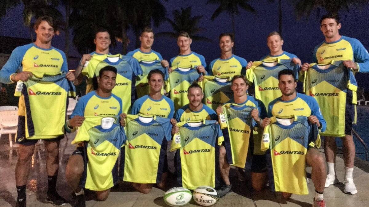 Tom Connor (front row, third from left) with his Australian sevens men's rugby team mates at their jersey presentation. Photo: RUGBY AUSTRALIA