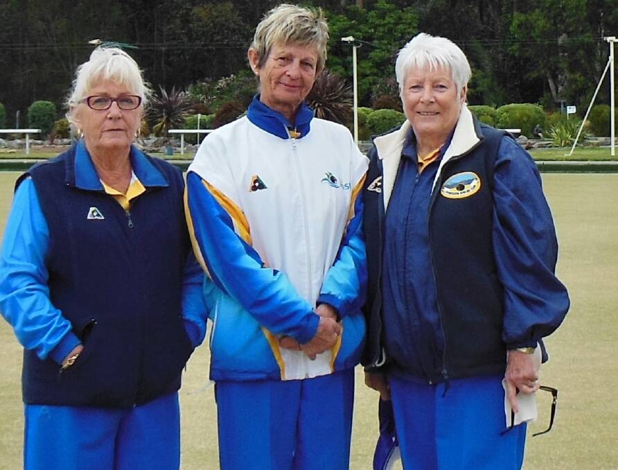 Ms Consistency: Huskisson Women's Bowling Club Consistency winner May Bobrige,  Helen Pryor (HWBC president and marker) and runner-up Heather Hart. 