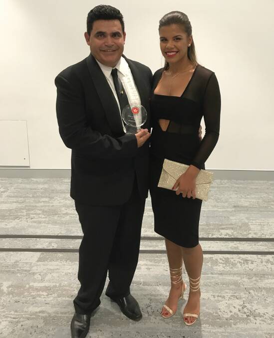 ONE FOR HIS COMMUNITY: Wreck Bay's Bernie McLeod with Western Sydney Wanderers goalkeeper and indigenous footballer Jada Mathyssen-Whyman at the recent awards night.