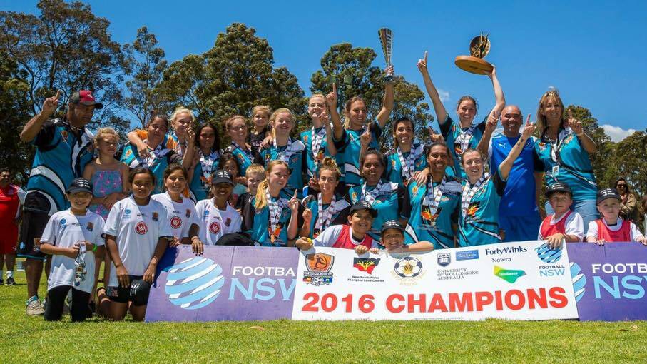 ALL SMILES: Illawarra Bungarra with their inagrual trophy after defeating the Northern Nations 4-nil in the open women's final at Ison Park in 2016.