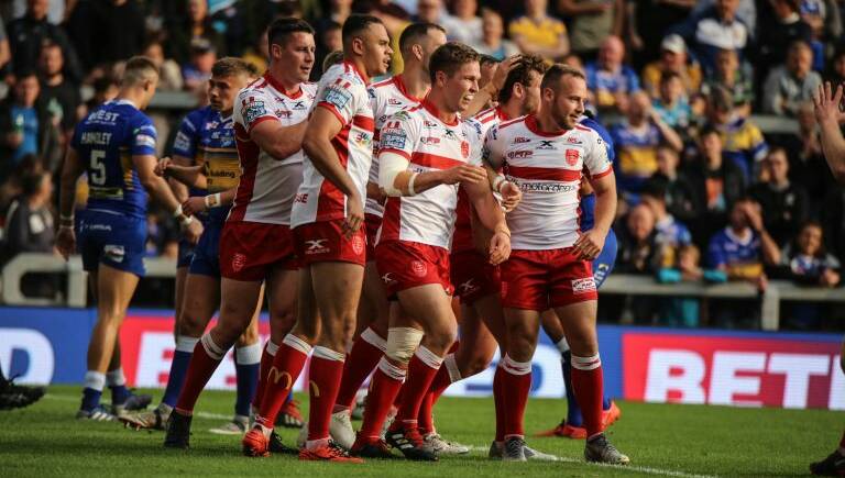 Adam Quinlan (far right) and his Hull KR team mates celebrate a try against Leeds. Photo: ROVERS MEDIA