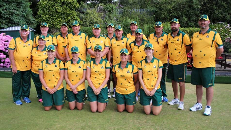 Karen Murphy (front row, second from right) and her Jackaroos team in Wales. Photo: BOWLS AUSTRALIA