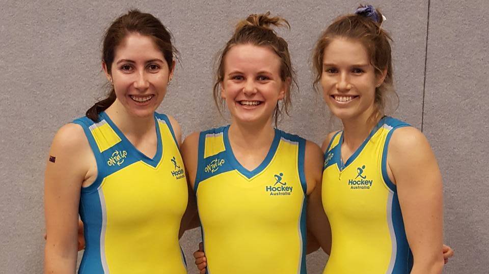 GOLDEN GIRLS: Australian women’s indoor hockey team mates Tegan Boucher, Maddy Murphy and Kyah Gray.