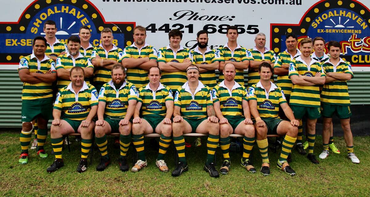 THIRSTY FOR VICTORY: Captain/coach Ben Dennis (front row, fourth from the left) and his Shoahaven Rugby Club third grade side. Photo: SUSAN DUN