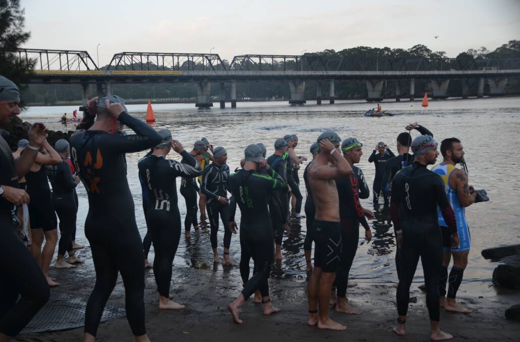 Athletes get ready for the swim start at the 2017 Nowra Triathlon Festival. Photo: Ian Moore