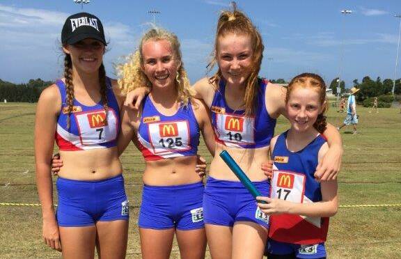 GIRLS RELAY TEAM: Emelia Matthews, Hannah Stone, Jessie Boardman and Jenna Bentley won gold at the Lake Illawarra meet at the weekend.