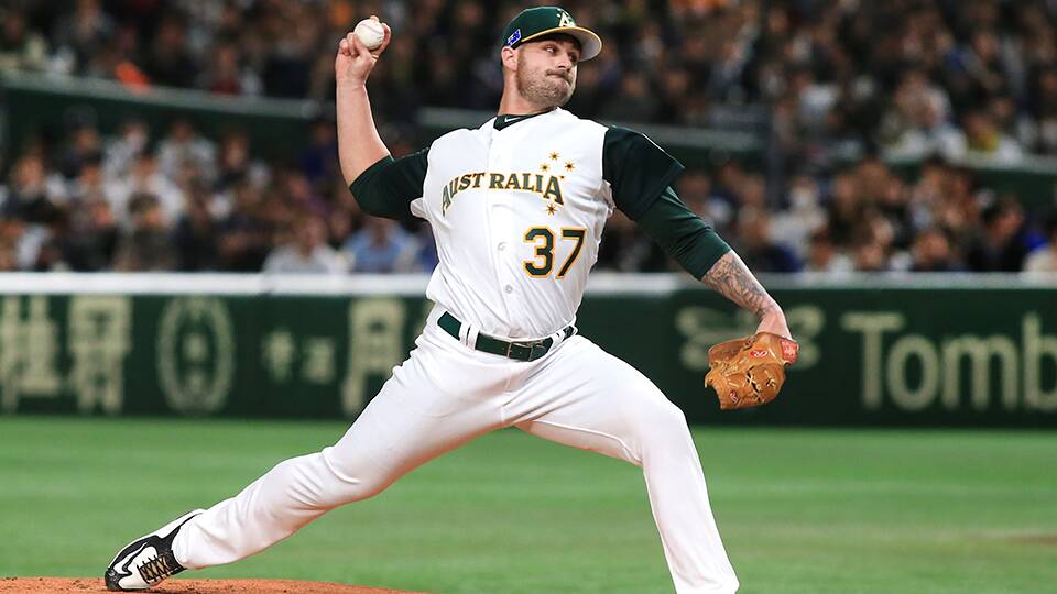 Pitcher Tim Atherton in action for Australia. Photo: SMP IMAGES/ABL MEDIA 