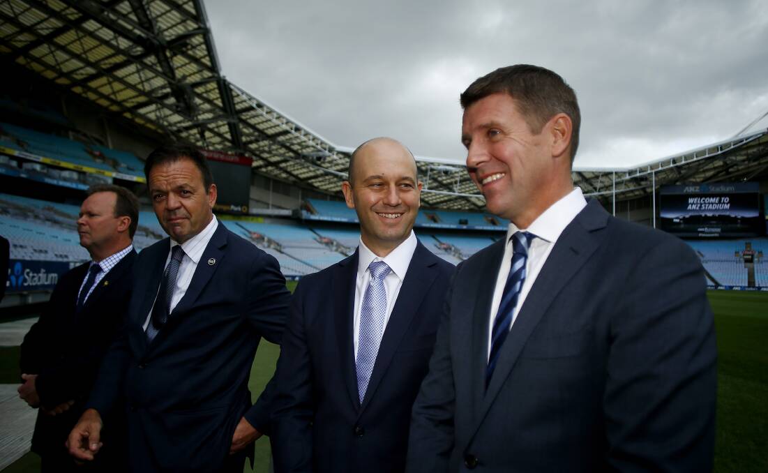 SPORT FOCUS: Rugby's Bill Pulver, soccer's Kyle Patterson, League's Todd Greenberg and Premier Mike Baird announce a development plan for ANZ Stadium on April 14.