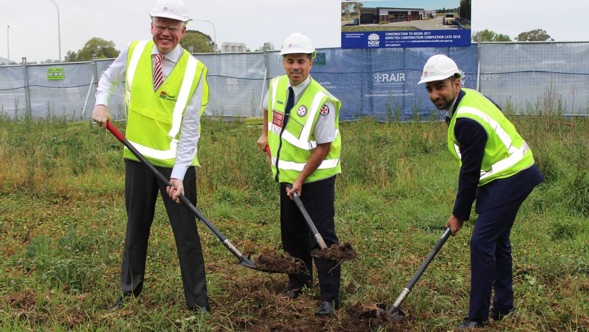 DIG THIS: Kiama MP Gareth Ward, NSW Ambulance Deputy Director Operations Illawarra & South West Sydney Sector Richard Cohen and Health Infrastructure Senior Project Director Anthony Dimech turn the first sod on the Berry ambulance station on Monday.