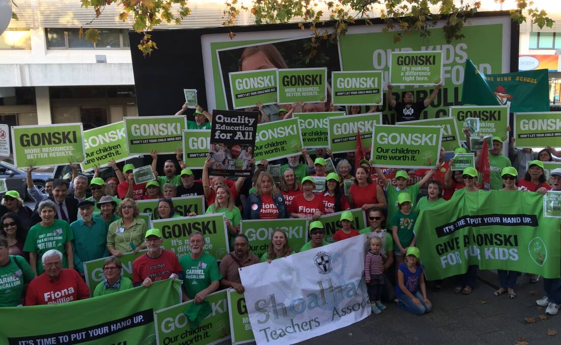 FOCUS ON FUNDING: A rally calling for the Gonski funding model to be guaranteed outside Gilmore Mp Ann Sudmalis's office in Nowra.