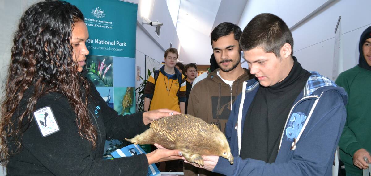 HANDS ON: Rose Lonesborough from Booderee National Park shows Vincentia High students Nick Musiello and Andrew Day a native animal.