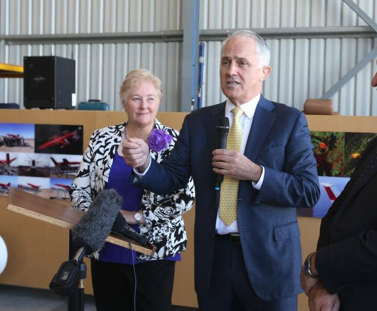 Gilmore MP Ann Sudmalis with Prime Minister Malcolm Turnbull during his visit to officially open Air Affairs Australia's headquarters in the Albatross Aviation Technology Park at Yerriyong in March. Picture: Robert Peet