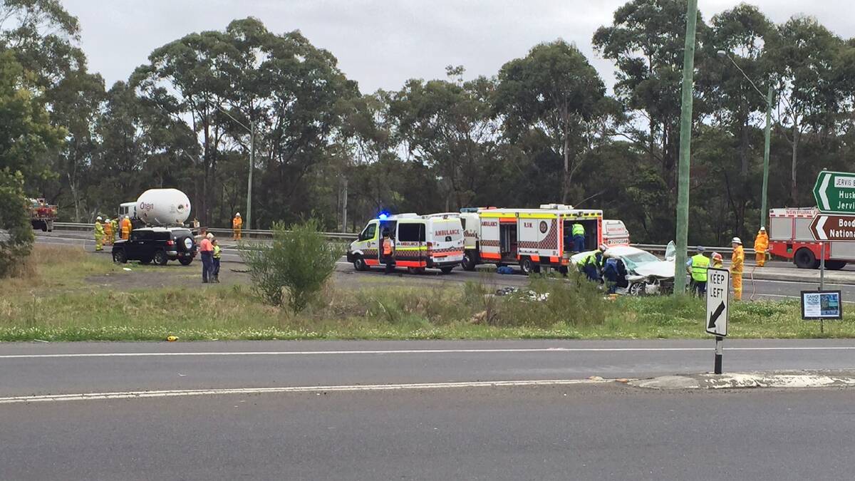 Road closed: The Princes Highway is closed south of the Jervis Bay Road intersection after an accident involving a gas tanker and a white sedan on Thursday afternoon. Photo: Robert Crawford.