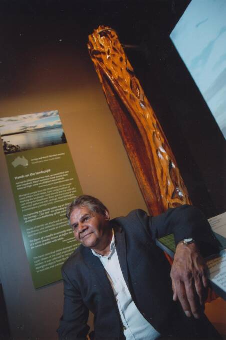 Significant: Noel Wellington with his art display at the National Museum of Australia in Canberra. Photo: Supplied.