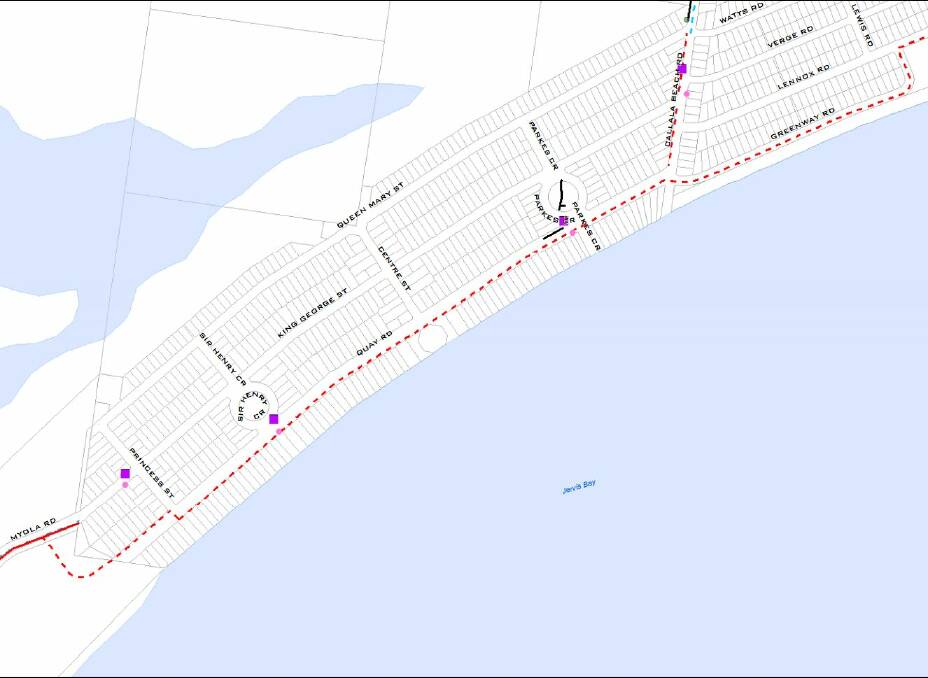 Path starting on Myola Road, going along Quay Street and splitting off to Callala Beach Road and Greenway Road