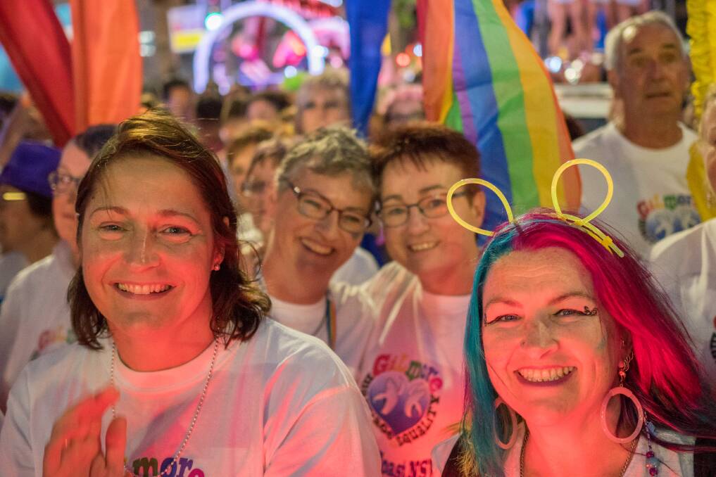 Marriage Equality Gilmore members including Shoalhaven mayor Amanda Findley and Dawn Hawkins, in the Mardi Gras Parade in Sydney in March. They look forward to hosting their own parade in Nowra on Sunday.