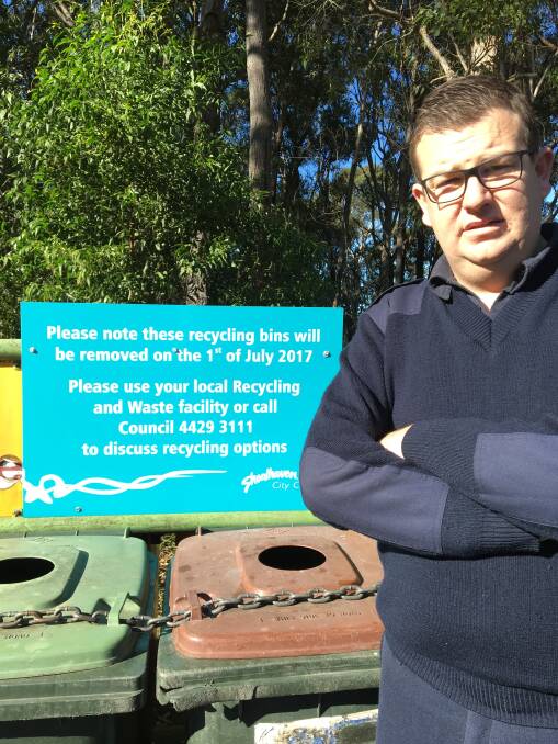 Shoalhaven City Councillor Mitchell Pakes at the recycling drop off-bins at Culburra Beach that were removed by council on July 1.