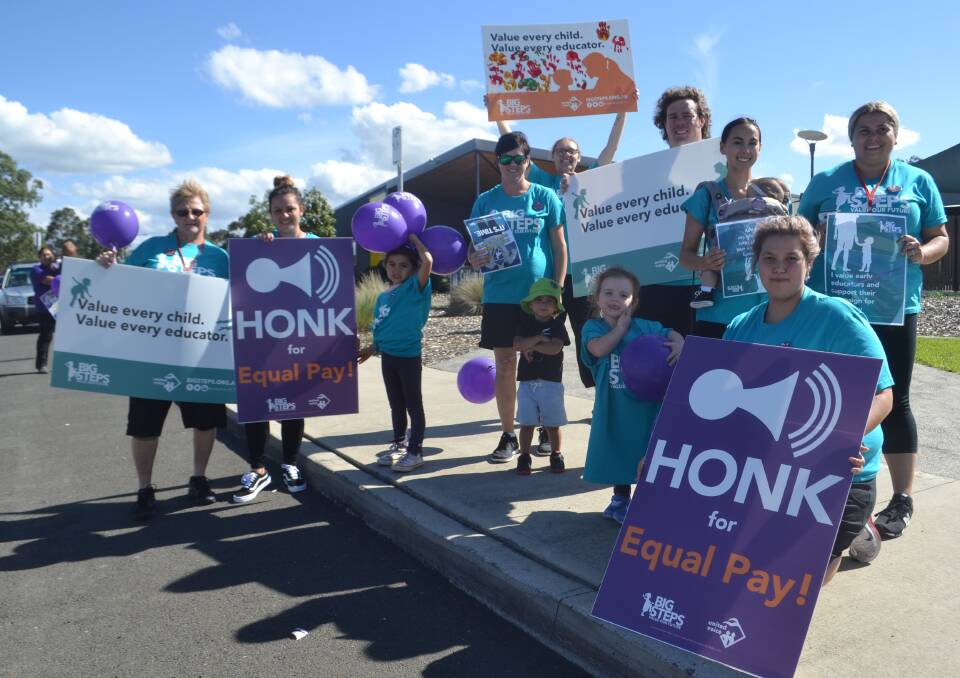STRIKE: Cullunghutti childcare workers protest against low income, and walk off the job at South Nowra on Tuesday. Picture: Rebecca Fist