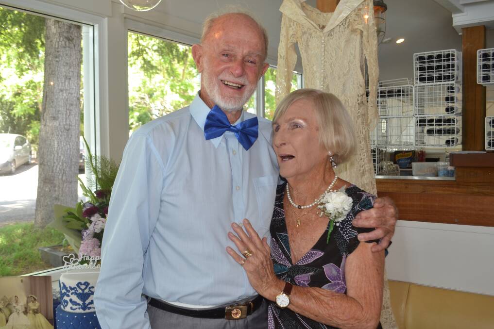 HAPPY COUPLE: Barry Stan Herron and Joy Herron, both 85, on their 65th wedding anniversary at Wharf Road, Nowra, on Saturday. Picture: Rebecca Fist
