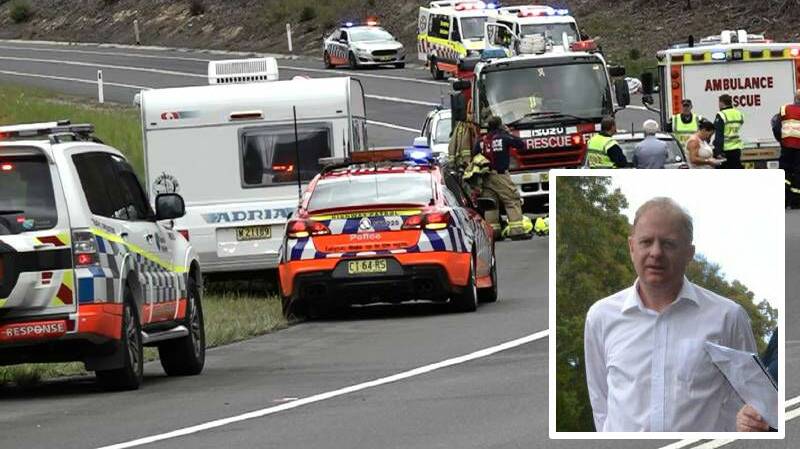 FIX IT NOW: Road safety expert Mark Wolstenholme (inset) has urged South Coast communities to pressure governments for Princes Highway upgrades. Pictured: The scene of the fatal Falkholt family crash at Mondayong on Boxing Day 2017.