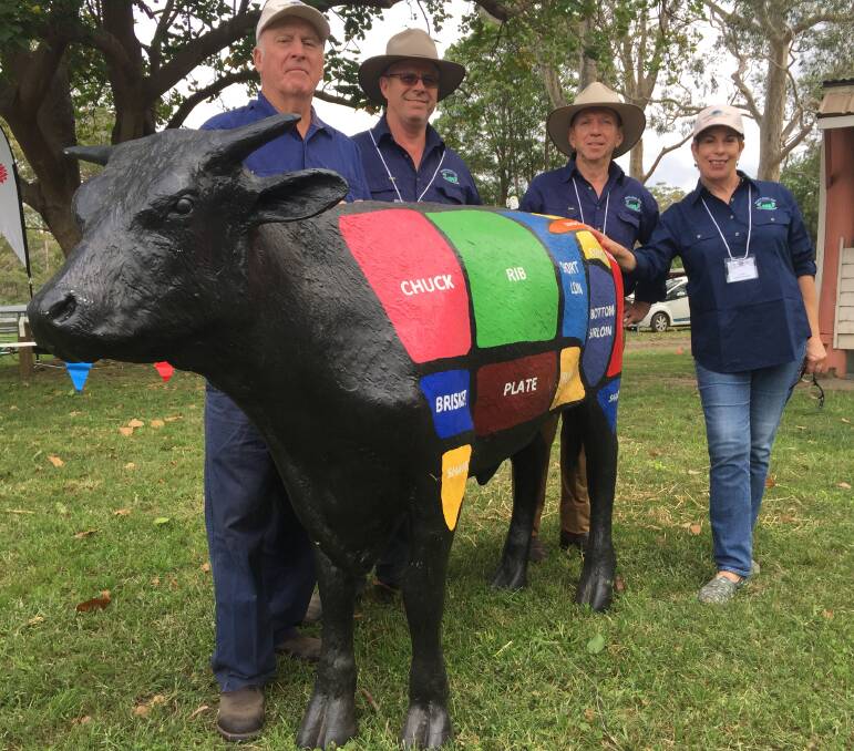 South Coast Beef Producers Association members Gary Marks, David Stewart,  executive officer Rob Stafford and Liz Gee with Sizzler the display steer at the  inaugural School Steer Spectacular at the Nowra Showground.
