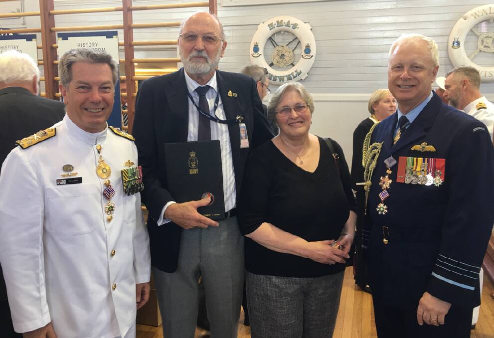 SERVICE HONOURED: Retired Warrant Officer Ian “Tiny” Warren, with his wife Lillian, presented with the Chief of Navy's Certificate of Appreciation by Chief of Navy, Vice-Admiral Tim Barrett and Chief of the Defence Force, Air Chief Marshal Mark Binskin.