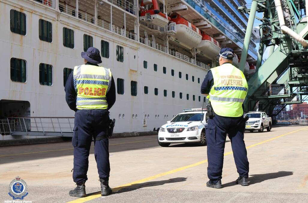COVID WORK: Earlier this year, Southern High-Visibility Police Unit officers patrolled Port Kembla Harbour as part of the police COVID-19 response, making sure cruise ship crew complied with public health orders. Image: NSW Police