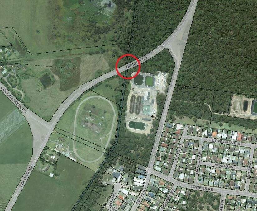 The section of Gerroa Road north of Shoalhaven Heads (circled), where Shoalhaven City Council will start roadworks shortly.