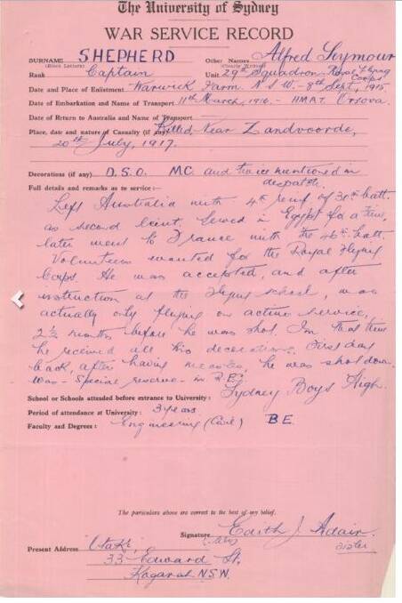 Shepherd's University of Sydney War Record.