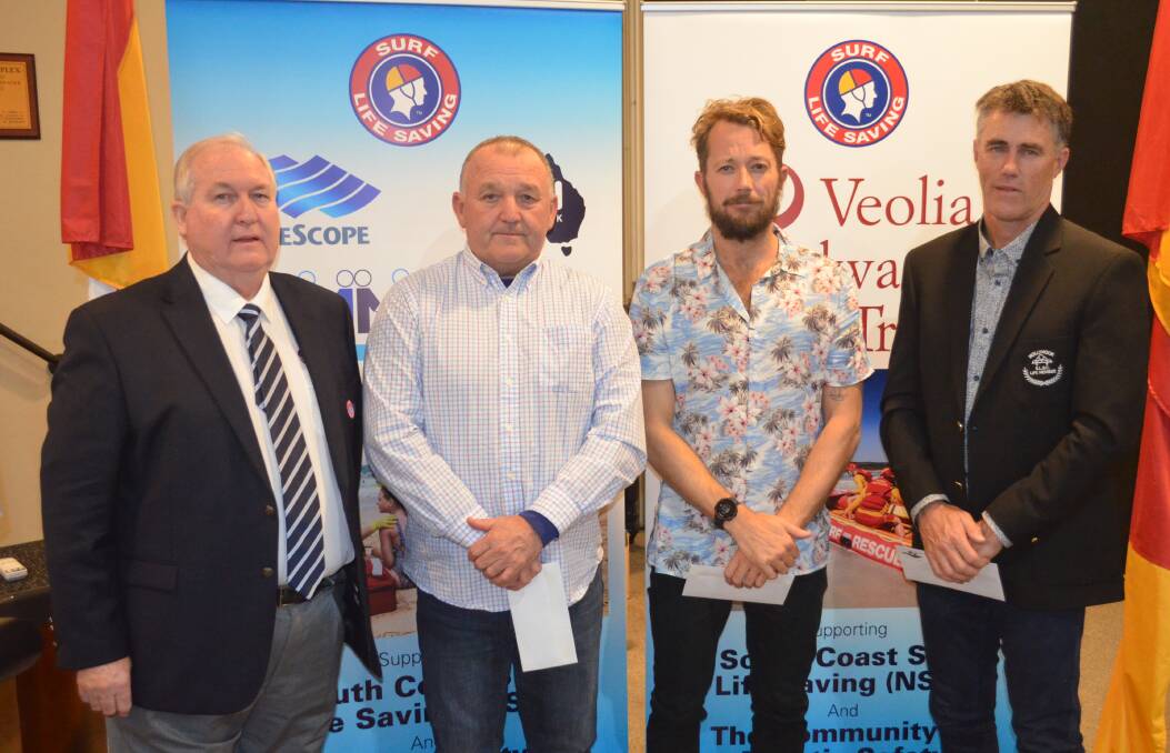 South Coast Surf Lifesaving president Steve Jones, Dave Schofield (Shoalhaven Heads SLSC), Richard Payne (president Gerringong SLSC) and Kevin Whitford (director of finance, Mollymook SLSC) after the official announcement at the branch presentation.