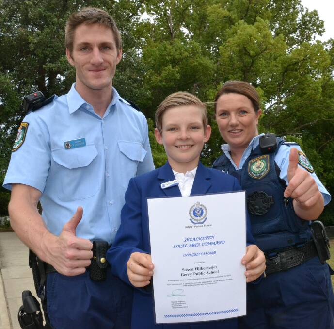 CONGRATS: Berry Public School captain Saxon Hilkemeijer was presented with the Shoalhaven Local Area Command Integrity Award by Berry police officer Senior Constable Kyle Lavender and Shoalhaven LAC acting Youth Liaison Officer Senior Constable Rachael Pearce.