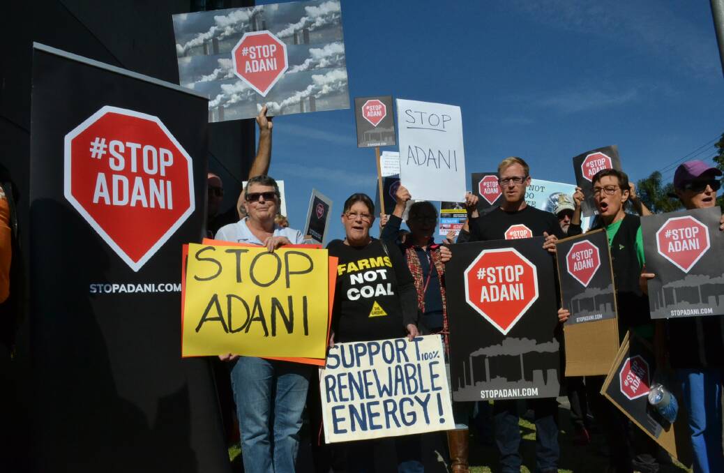 Greens MP Justin Field and Shoalhaven City Councillor Kaye Gartner who voiced their opposition to the proposed Adani Coal mine in a protest at Bomaderry where treasurer Scott Morrison was attending a business luncheon.