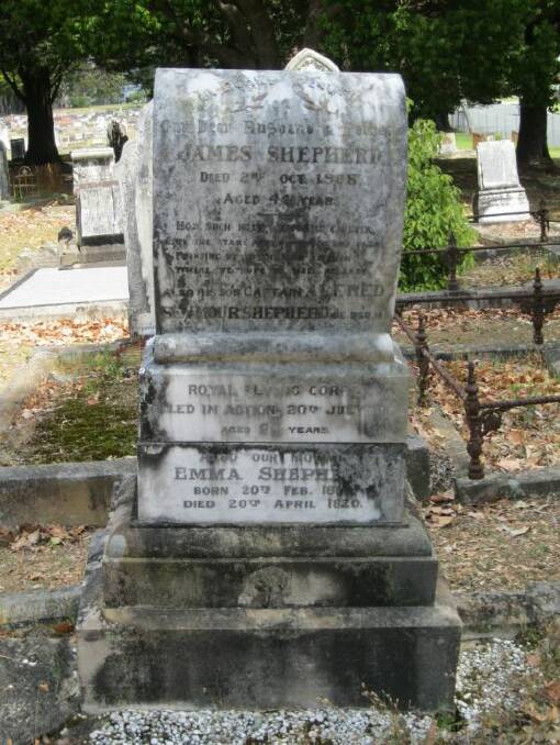 A memorial to Alfred Seymour Shepherd on the Shepherd family headstone in Nowra General Cemetery. Photo: Peter Dennis.
