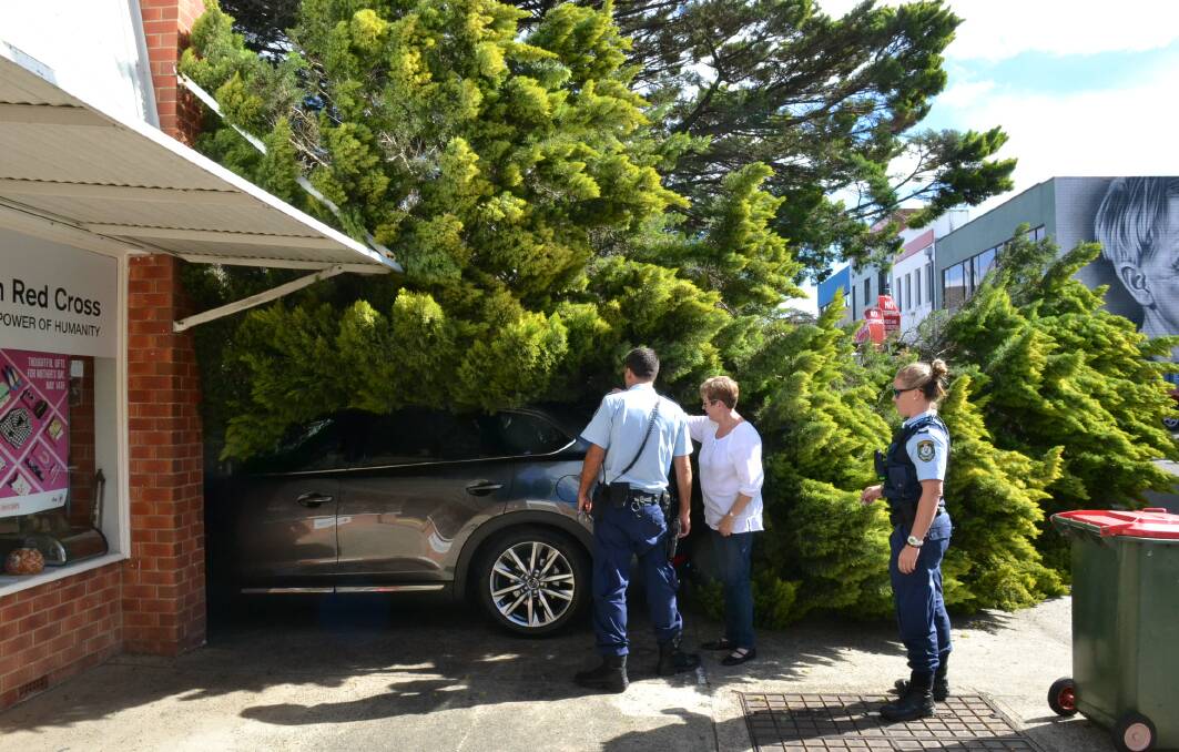 DAMAGE: Red Cross volunteer Tracey Reksmiss and Nowra police inspect the damage to her car in the tree fall in the Nowra CBD on Wednesday.