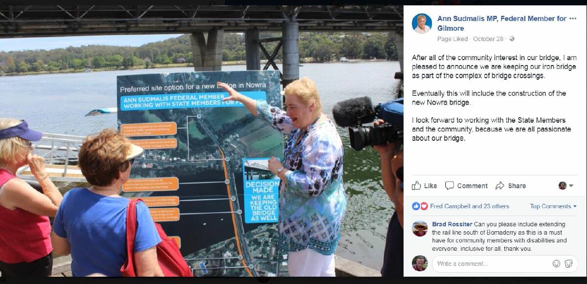 Gilmore MP Ann Sudmalis' Facebook post about retaining the old Shoalhaven River bridge.

