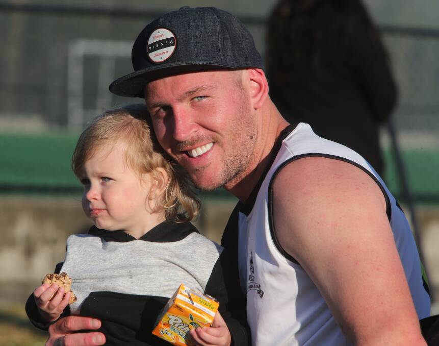 Sticks was all smiles after his Shoalhaven Hockey major semi-final win at the weekend with his son Kanoa. Photo: Robert Crawford